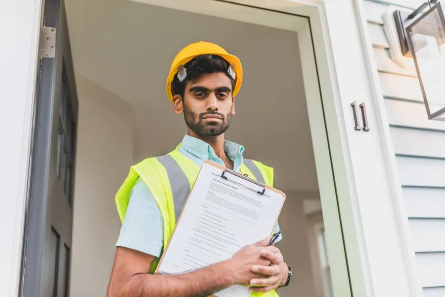 A contractor with a clipboard at a property doorway, surveying a garage roof before quoting for asbestos removal in Carlisle