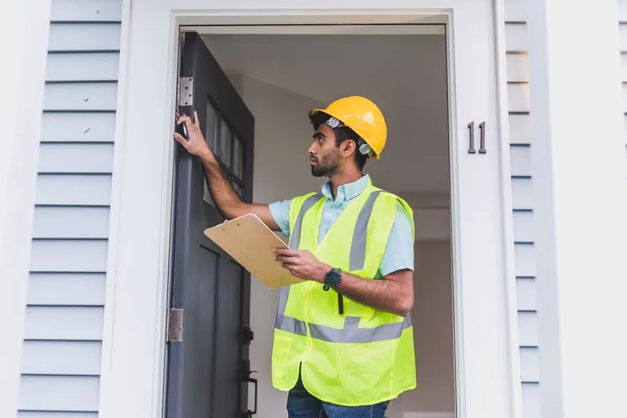 A contractor in a hard hat and safety vest checking a property with a clipboard, the survey a Carlisle roofing quote should be based on