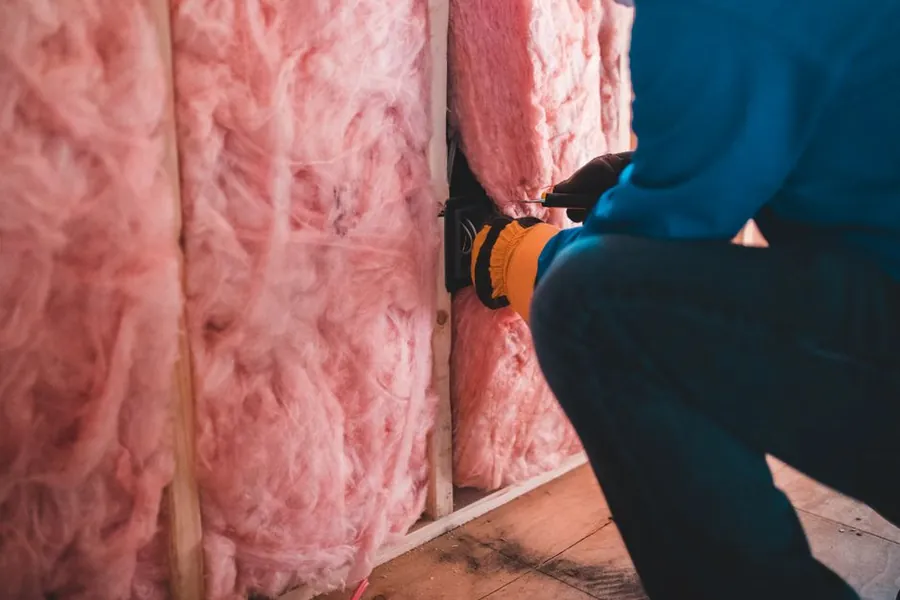 A worker fitting mineral wool insulation, the thermal upgrade Part L triggers on most Carlisle re-roofing jobs