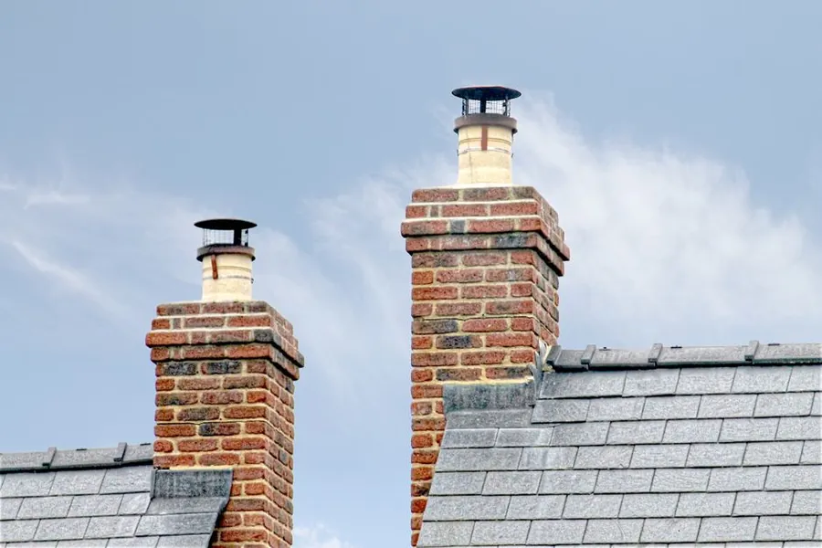 Traditional brick chimneys rising through a grey slate roof on an English house, the original covering on much of Carlisle's older stock