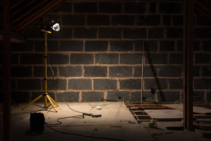 Dimly lit loft space under a work light, showing how hard a foamed Carlisle roof is to inspect