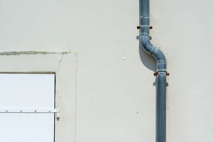 A downpipe running down a plain exterior wall, the outlet position that sets how much roof a gutter can drain